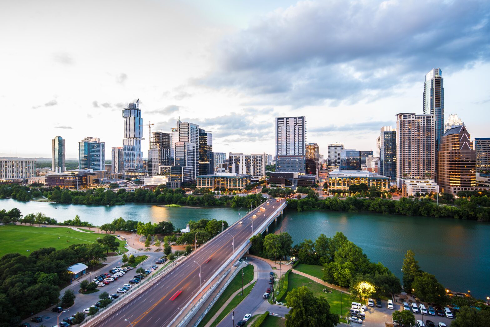 aerial view of Houston Texas skyline over the bridge