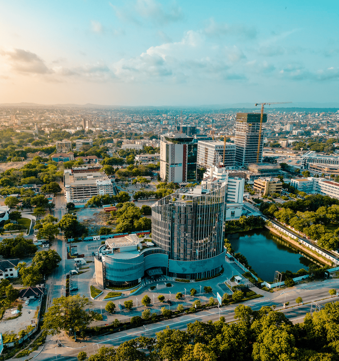 Aerial view of the Accra Skyline - Ecobank Ghana Head Office off the Independence Avenue