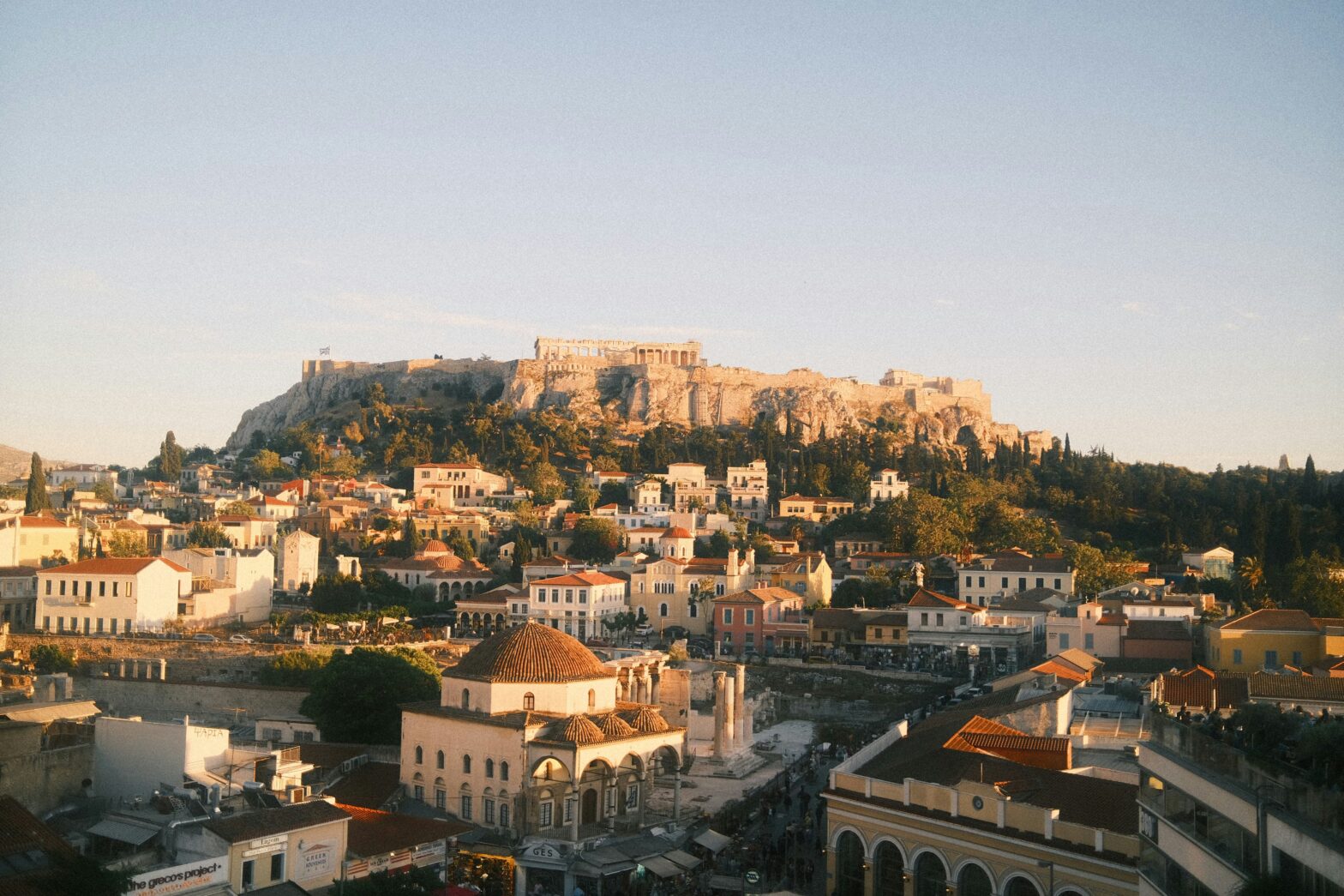overhead view of the Acropolis in the center of Athens, Greece