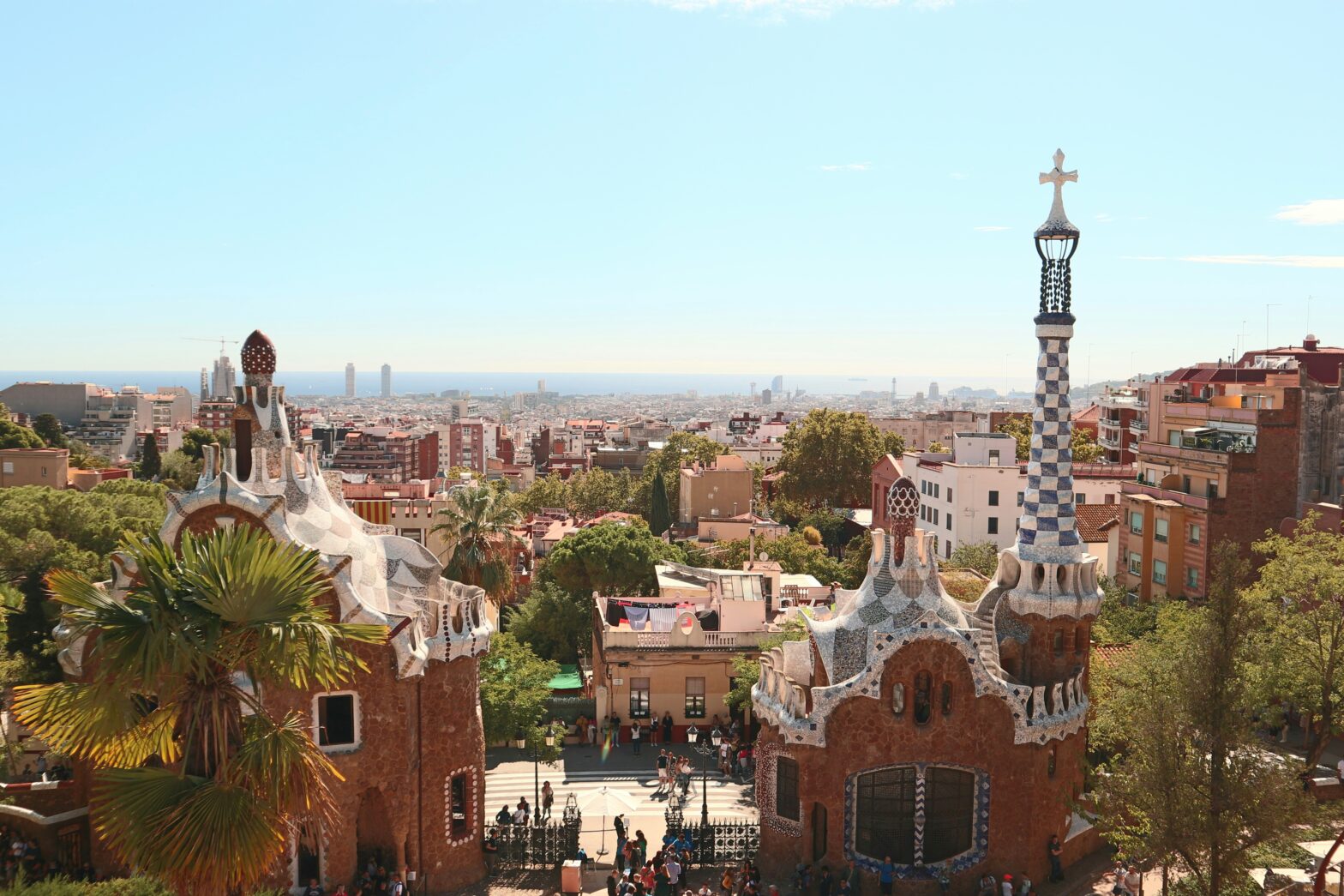 view of the city of Barcelona from Park Güell designed by the renowned Catalan architect, Antoni Gaudí in Barcelona, Catalonia, Spain