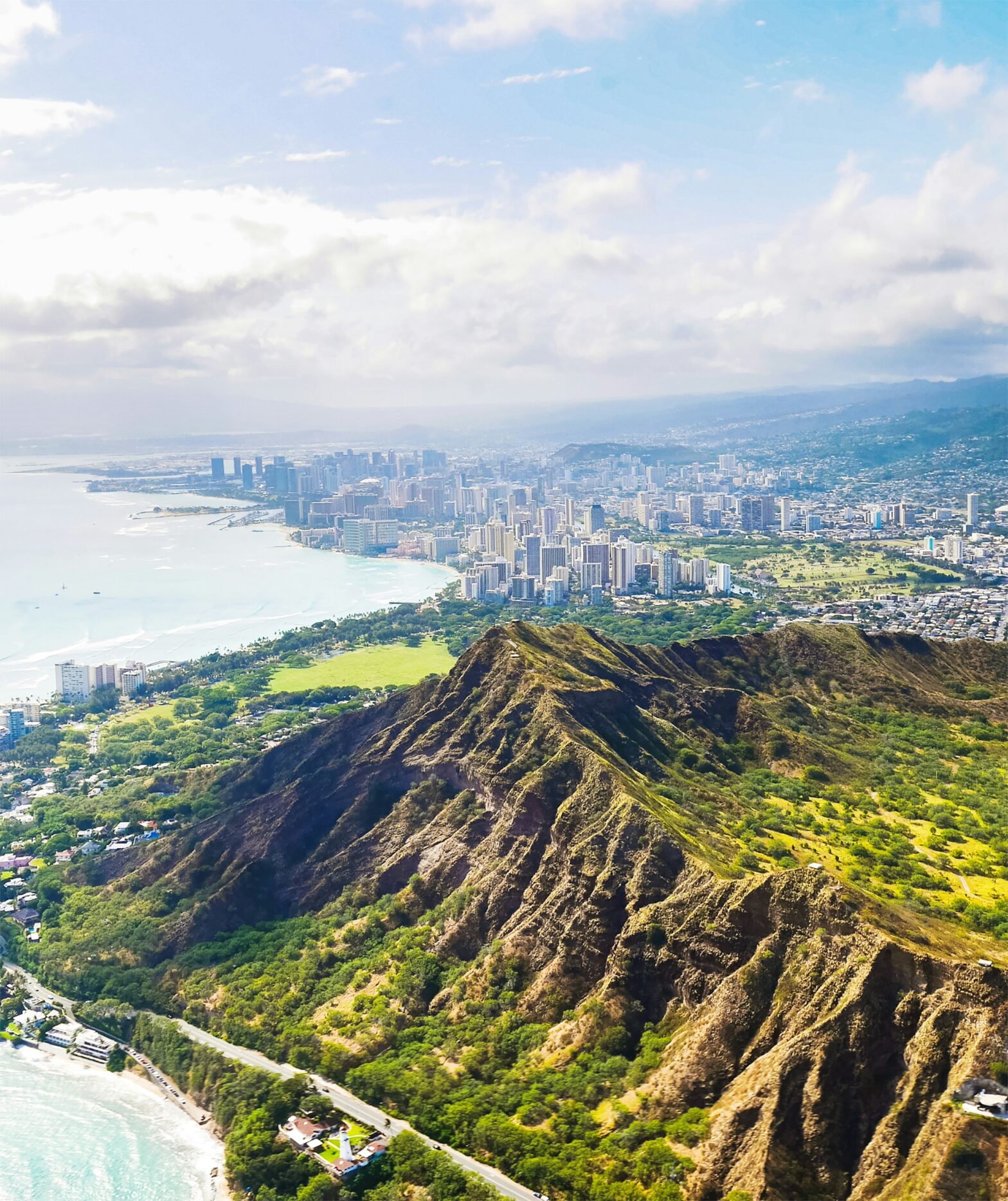 Aerial photography of the Diamond Head Crest with the skyline of Honolulu in the background
