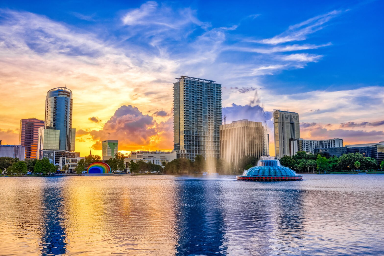 Lake Eola and Orlando Skyline with Sunset and Clouds, Orlando FL