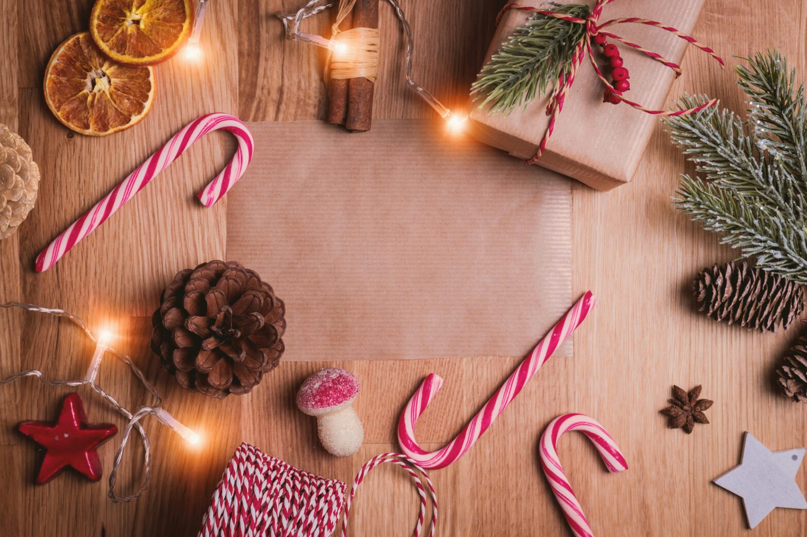 Christmas decorations on a wooden surface