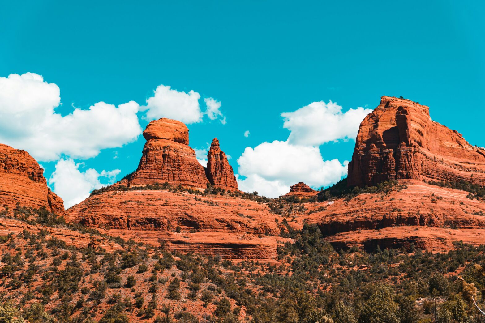 Distant red rocks and desert foliage in Sedona.