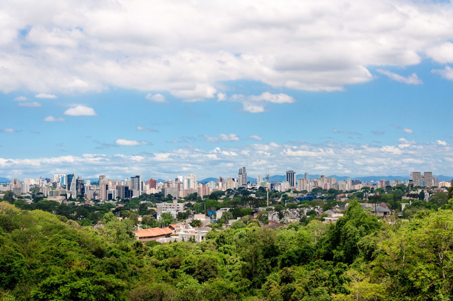 Urban skyline of the city of Curitiba, Paraná (Brazil) with a green forest on the foreground