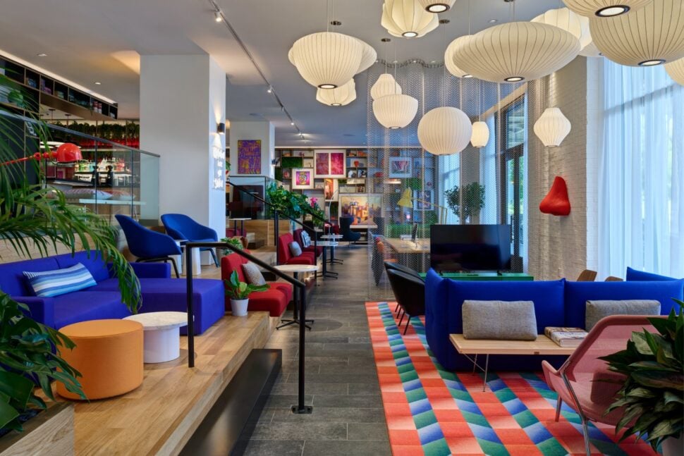 colorful interior lobby of citizenM Washington, D.C. Georgetown
