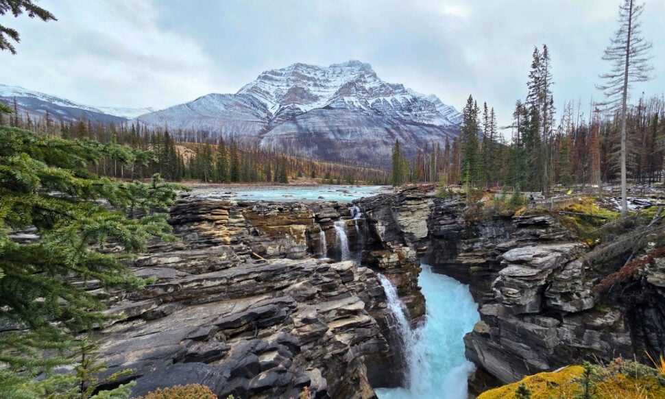view of Athabasca Falls on a cloudy day