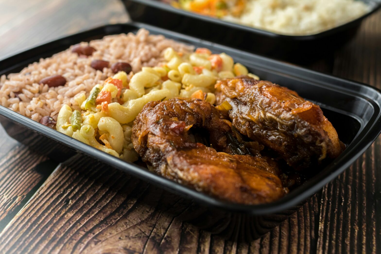 A plate of Caribbean food.