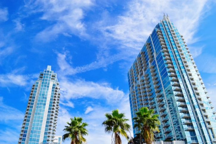 sky view of tall buildings in Tampa as organizations issue travel warnings for Florida