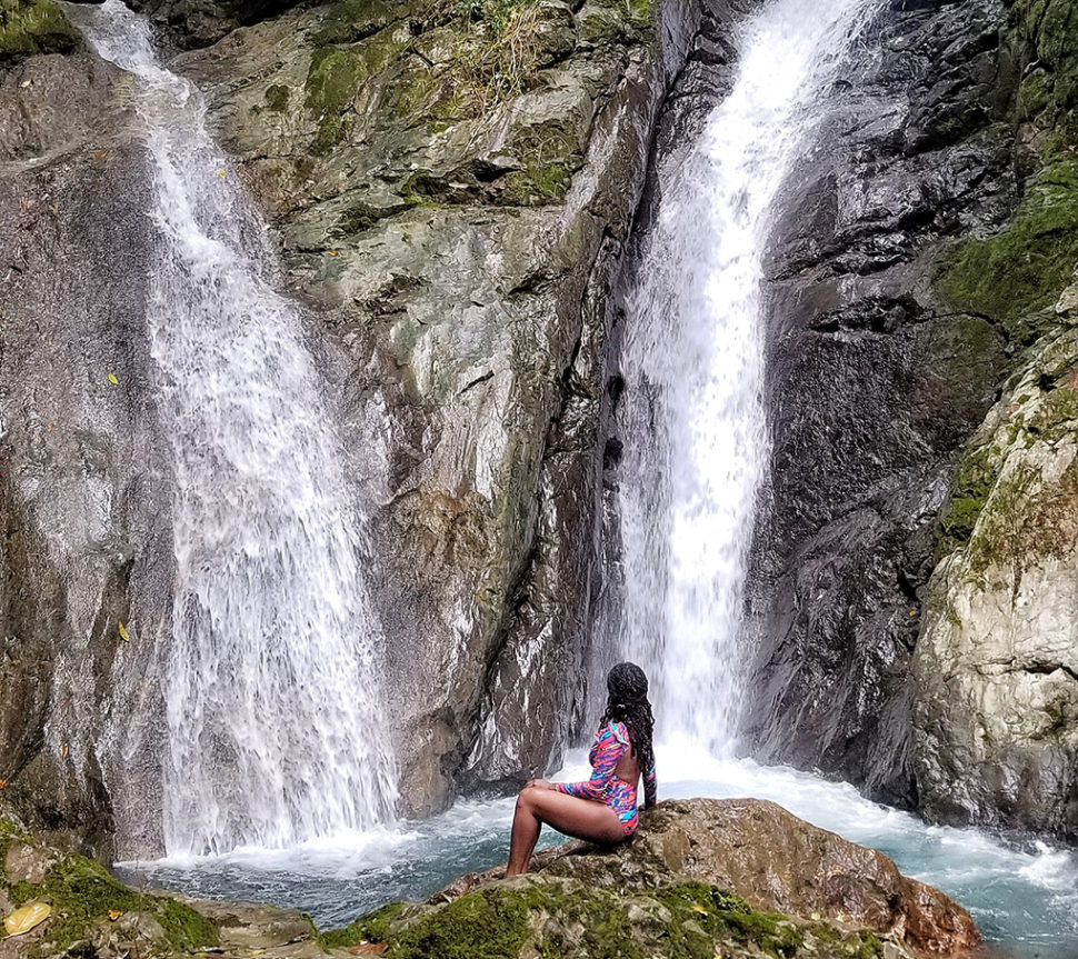 Doreen at waterfall in Jamaica.