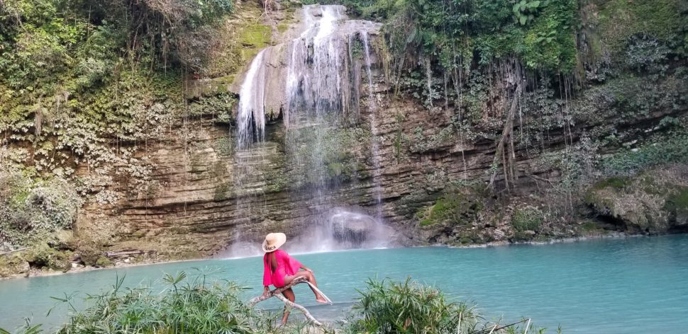 Doreen at waterfall in Jamaica.