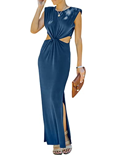 ANRABESS Women Summer Sleeveless Padded Shoulder Sexy Cutout Waist Bodycon Formal Party Maxi Dress with Slit for Cruise Beach 480zhenglan-S Blue