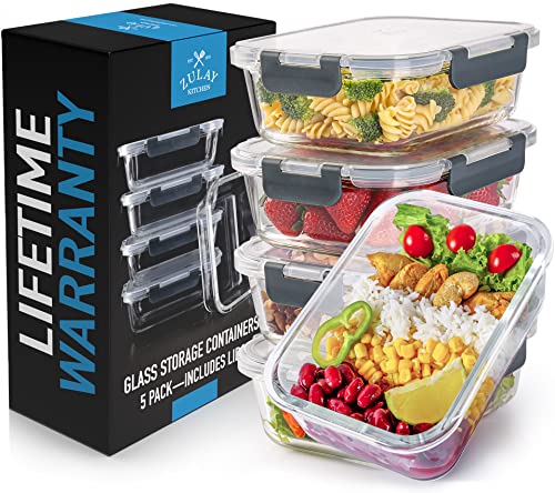 Zulay Kitchen 5 Pack Leak-Proof Glass Food Storage Containers