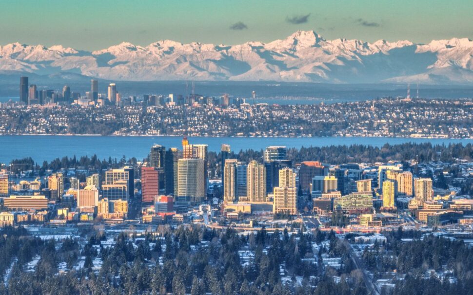 is seattle safe Pictured: Dawn light over downtown Bellevue, Lake Washington, Seattle, and Olympic Mountains - Best Views in Seattle