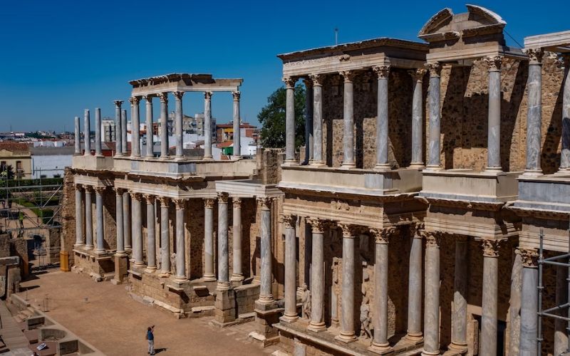 view of inner facade of a roman theater in Merida Spain