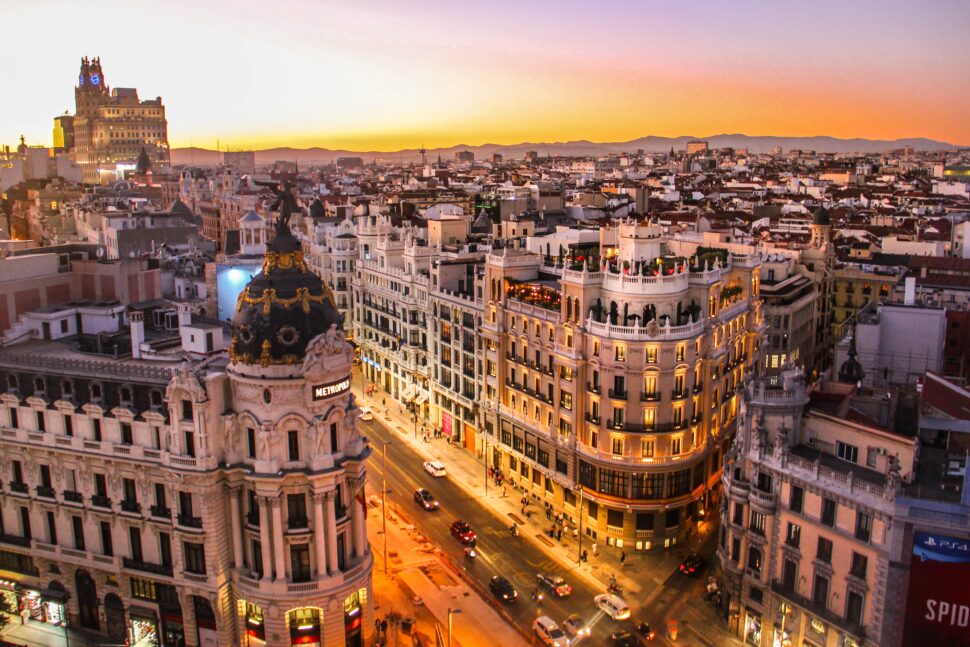 where was trigger warning filmed. Pictured: aerial view of Madrid Spain - European Summer Tours