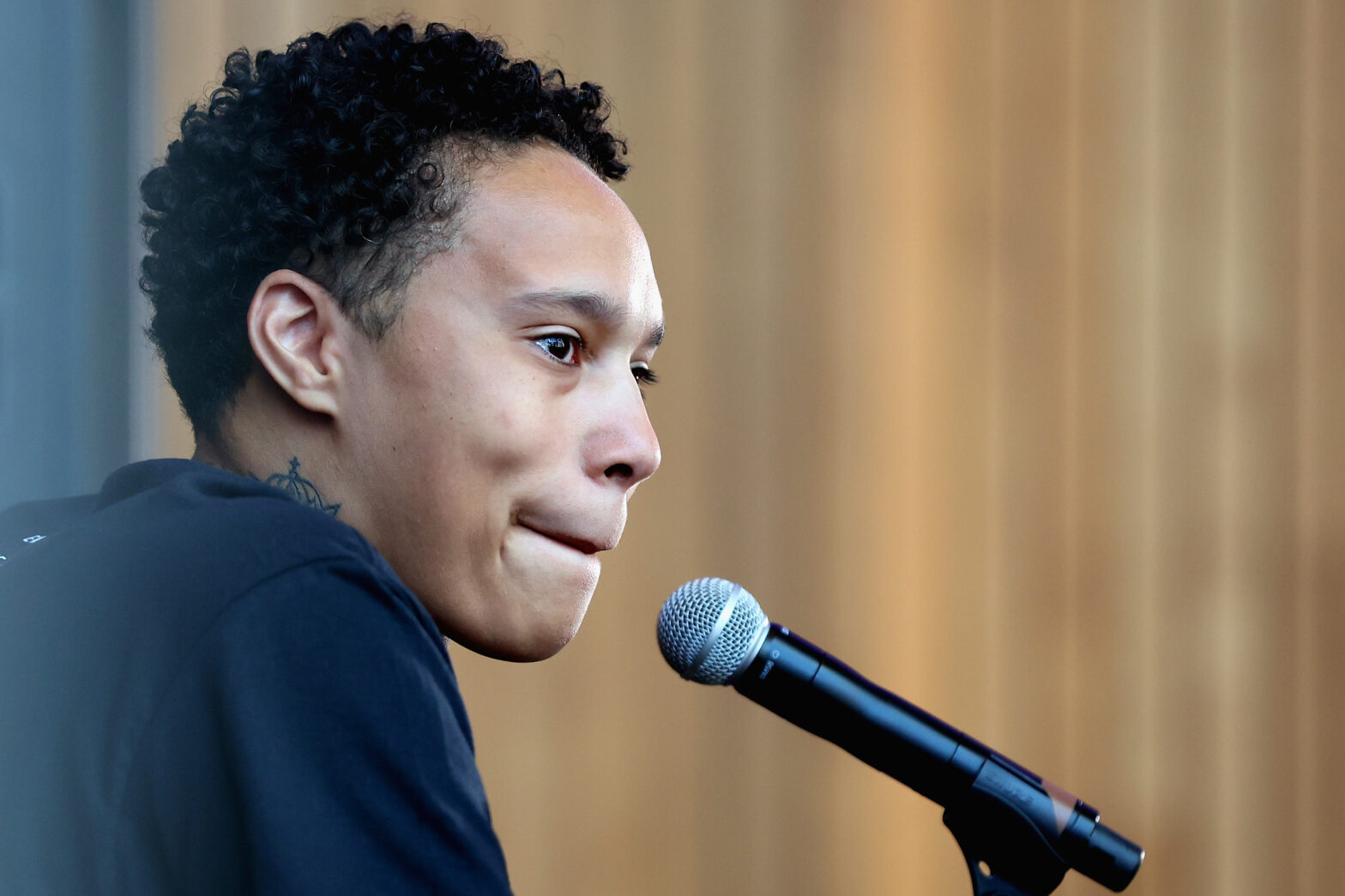 Brittney Griner of the Phoenix Mercury speaks during a "Bring Our Families Home" press conference at Footprint Center on April 27, 2023 in Phoenix, Arizona