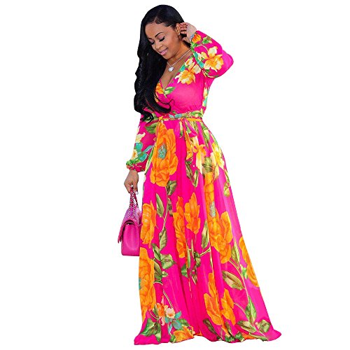 Women's Chiffon Deep V-Neck Printed Floral Maxi Dress