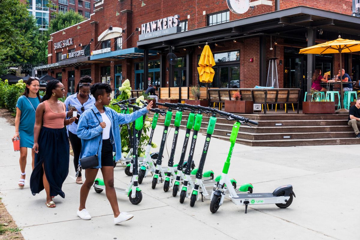 group of friends walking toward food hall in Charlotte, North Carolina