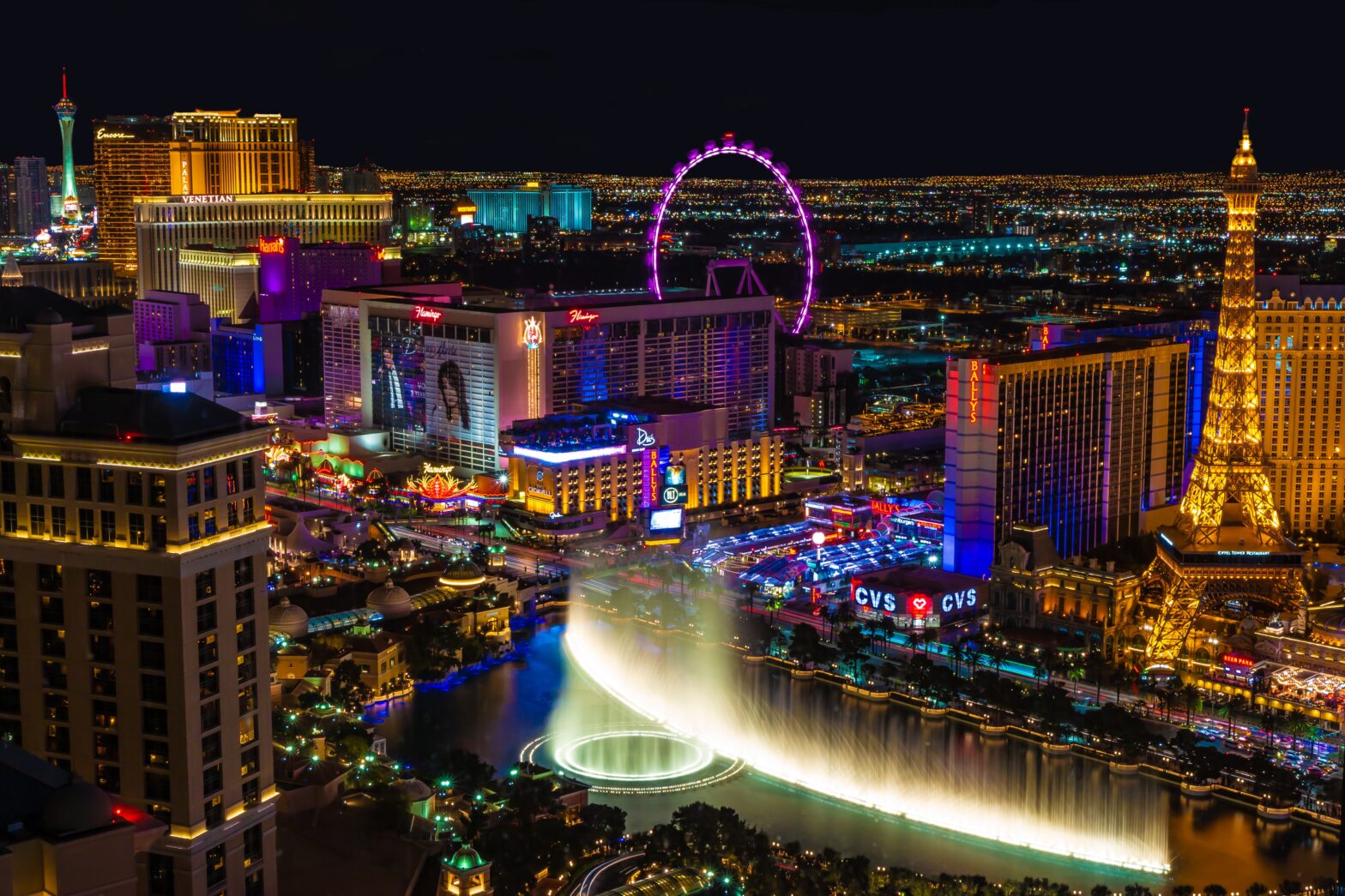 nighttime overhead view of The Strip in Las Vegas, Nevada