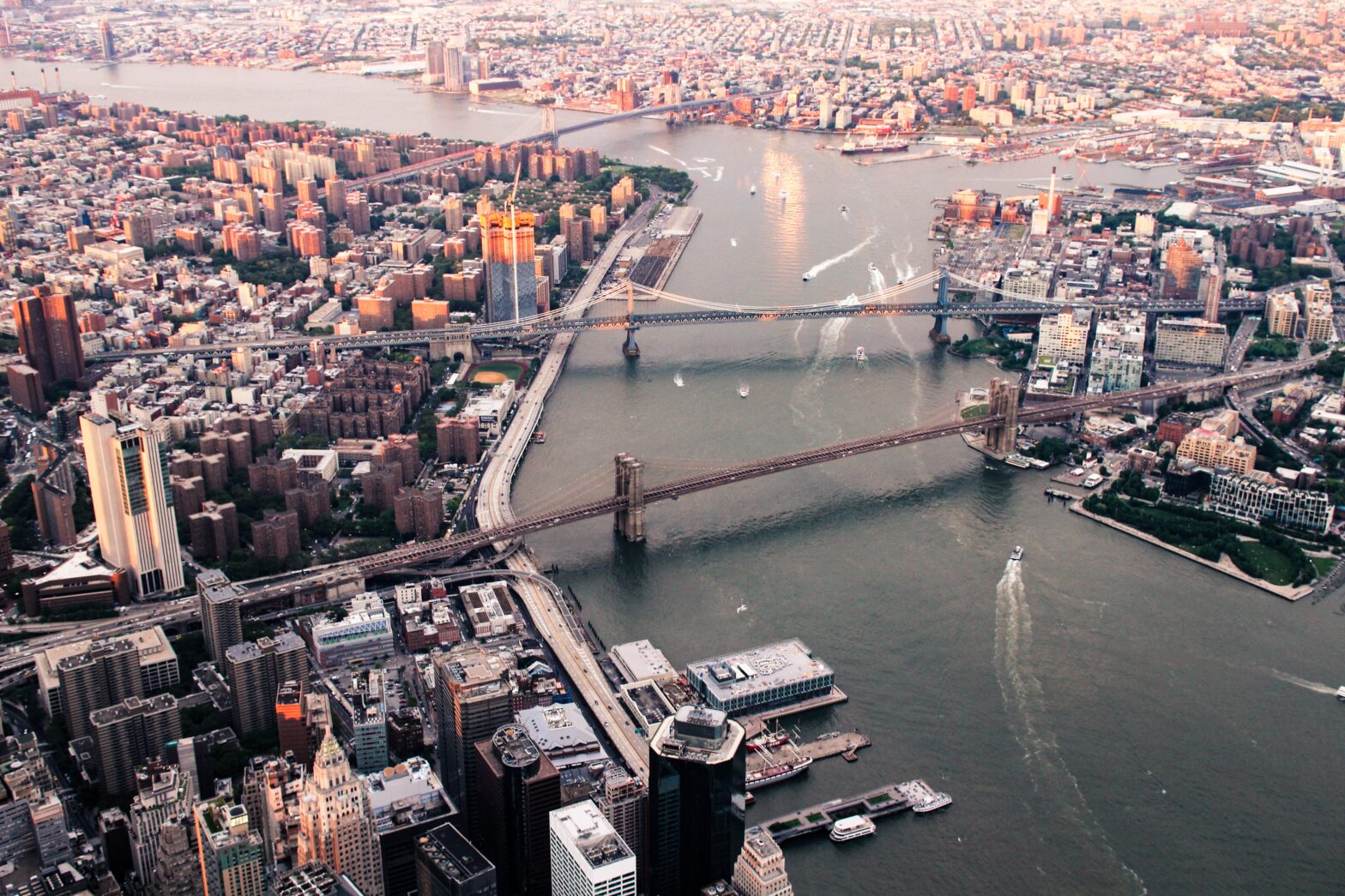 overhead drone shot of Brooklyn Bridge in NYC