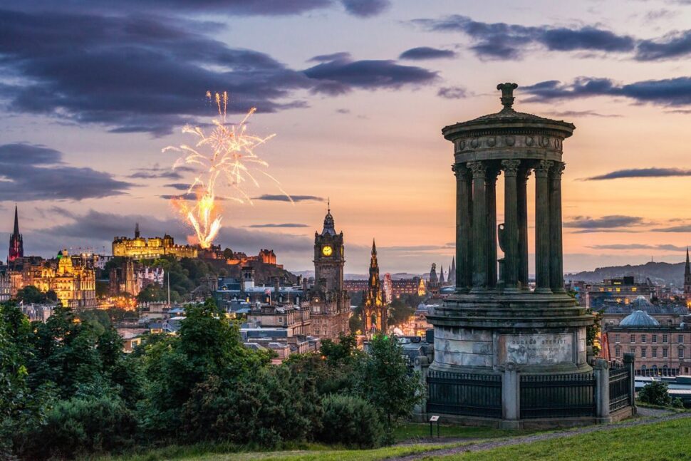 Edinburgh fireworks at dusk from Calton Hill