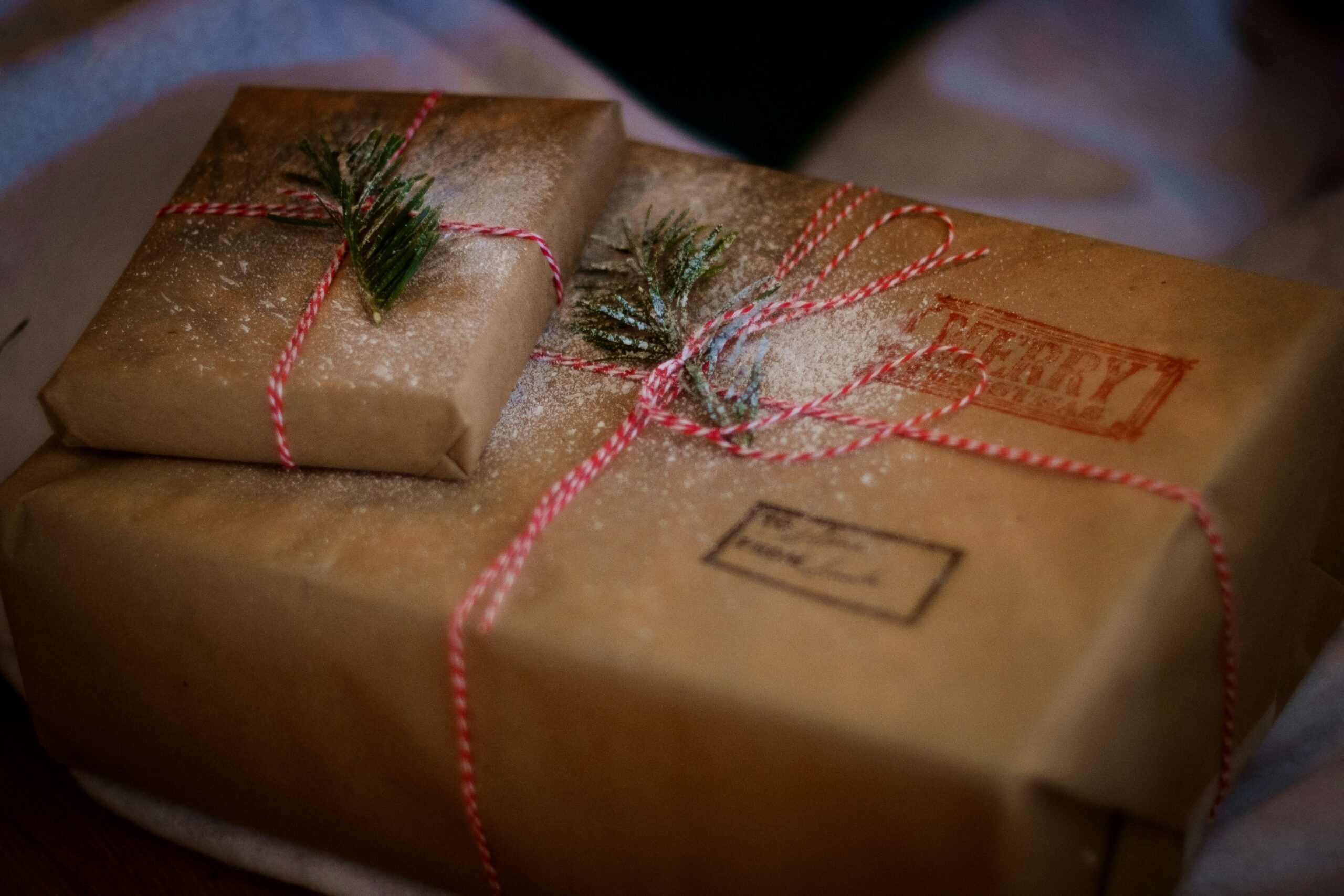 Grapevine is the Christmas capital of Texas, check out some of the many things to do in the city. 
Pictured: A gift box with a red Christmas stamp and bright green pine on top of the striped string that ties it up 