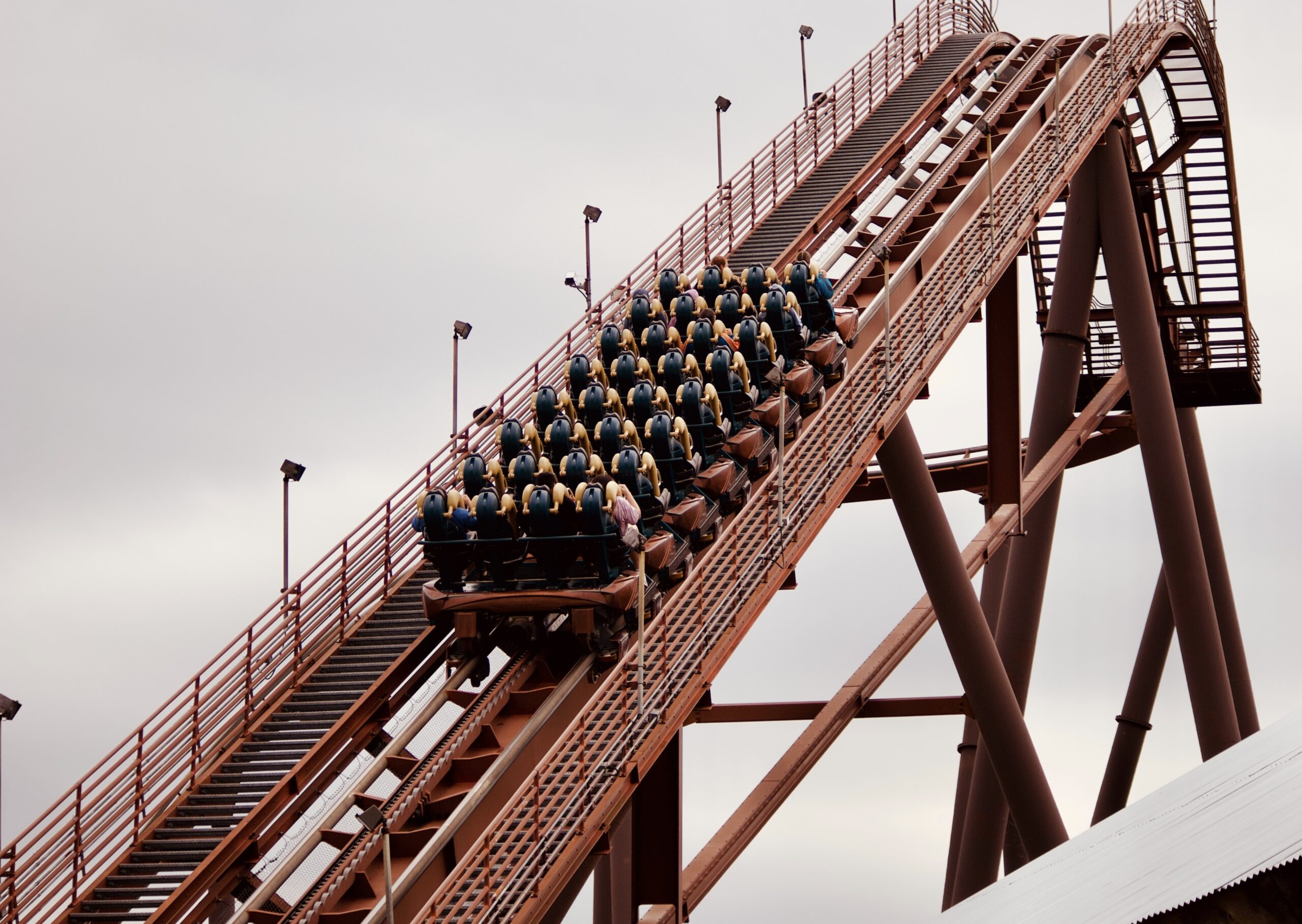 Silver Dollar City is a great destination for Christmas festivities.
Pictured: a red ascending rollercoaster at Silver Dollar City 