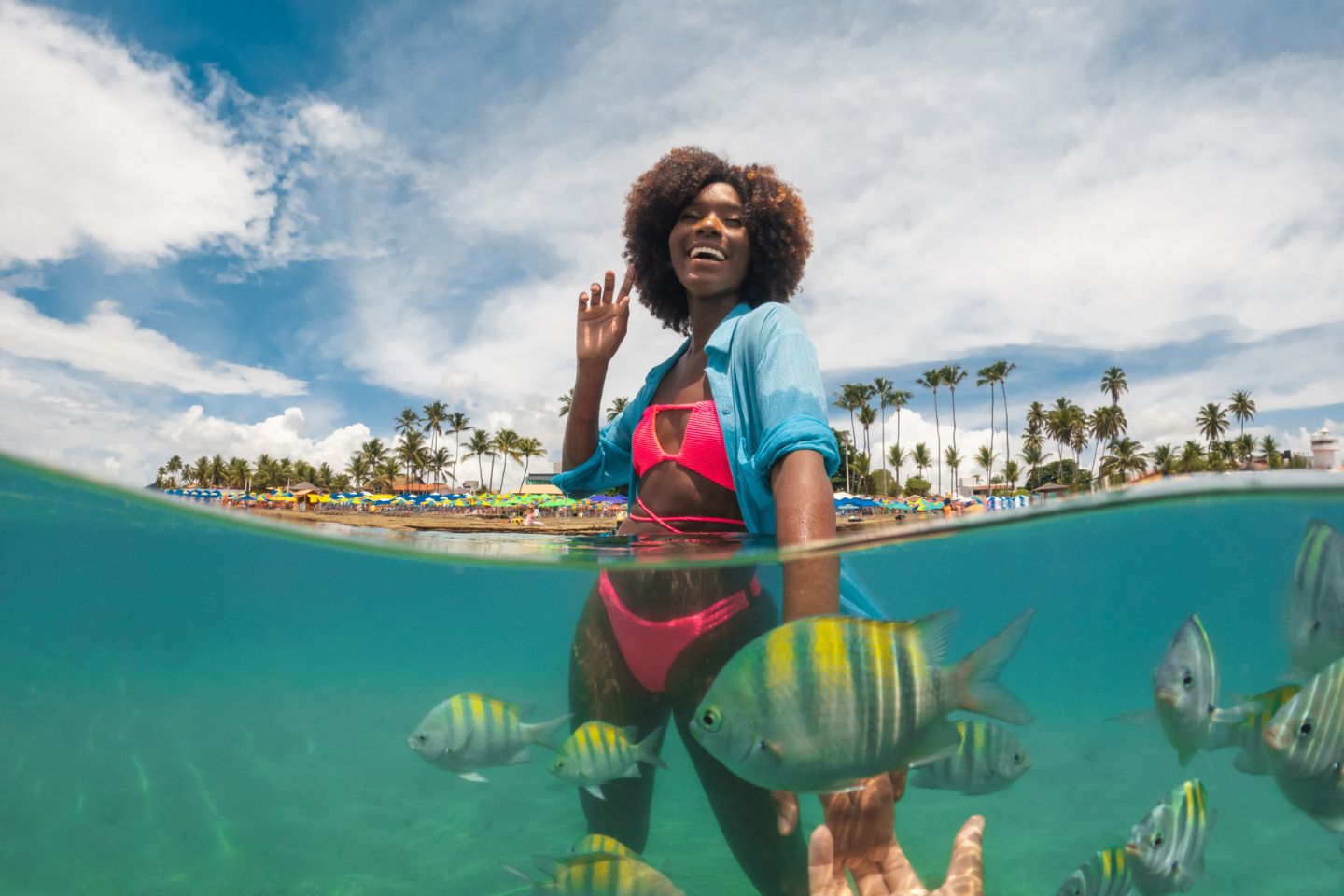 woman in the ocean with fish