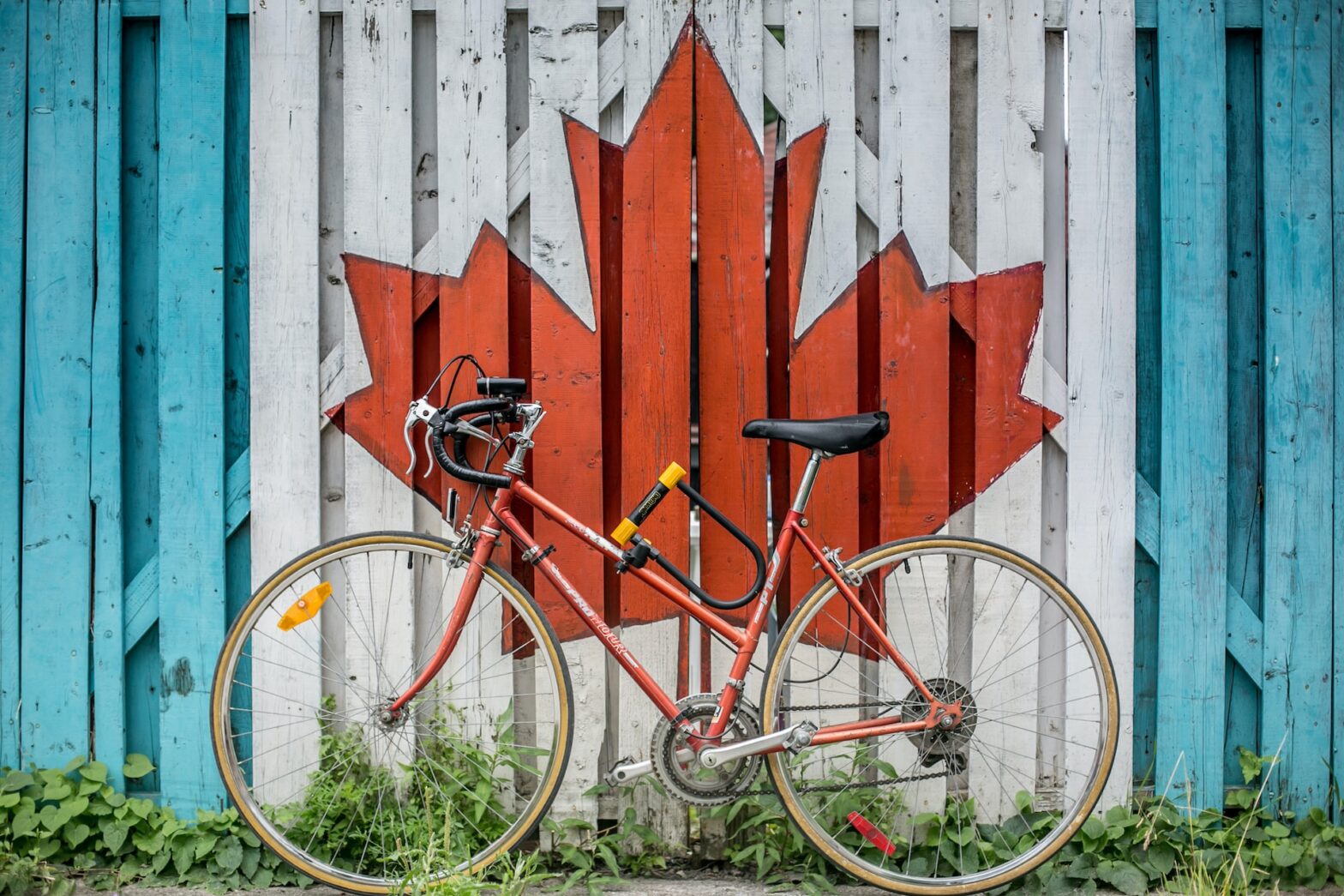 Check out these facts About Canada. Pictured: bike leaned against a painted wall of the Canadian flag.