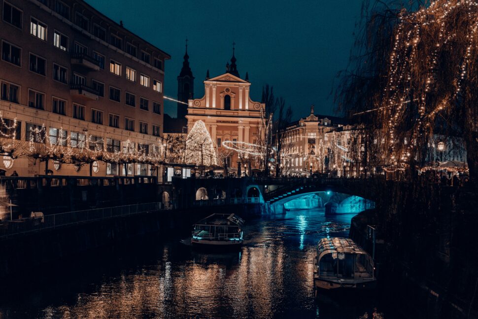 Christmas lights shining in Ljubljana, Slovenia.