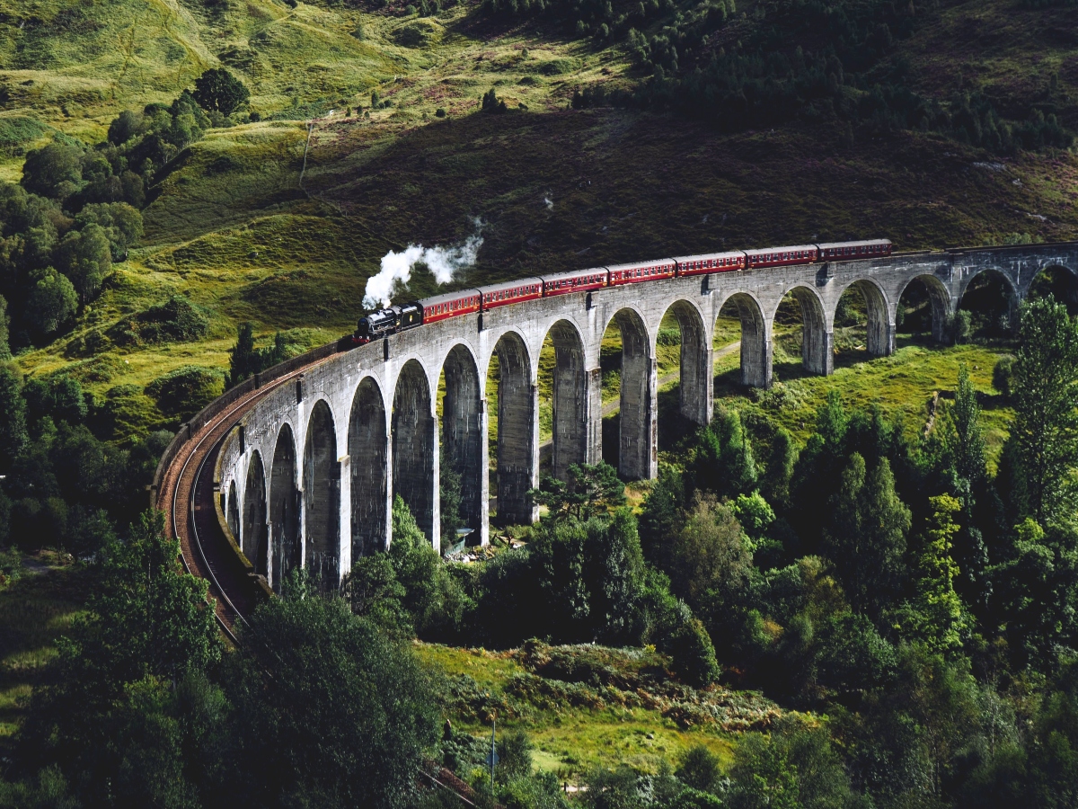 aerial view of train on railroad tracks