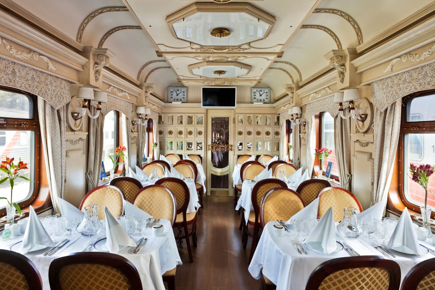 inside the dining cabin of a luxury train