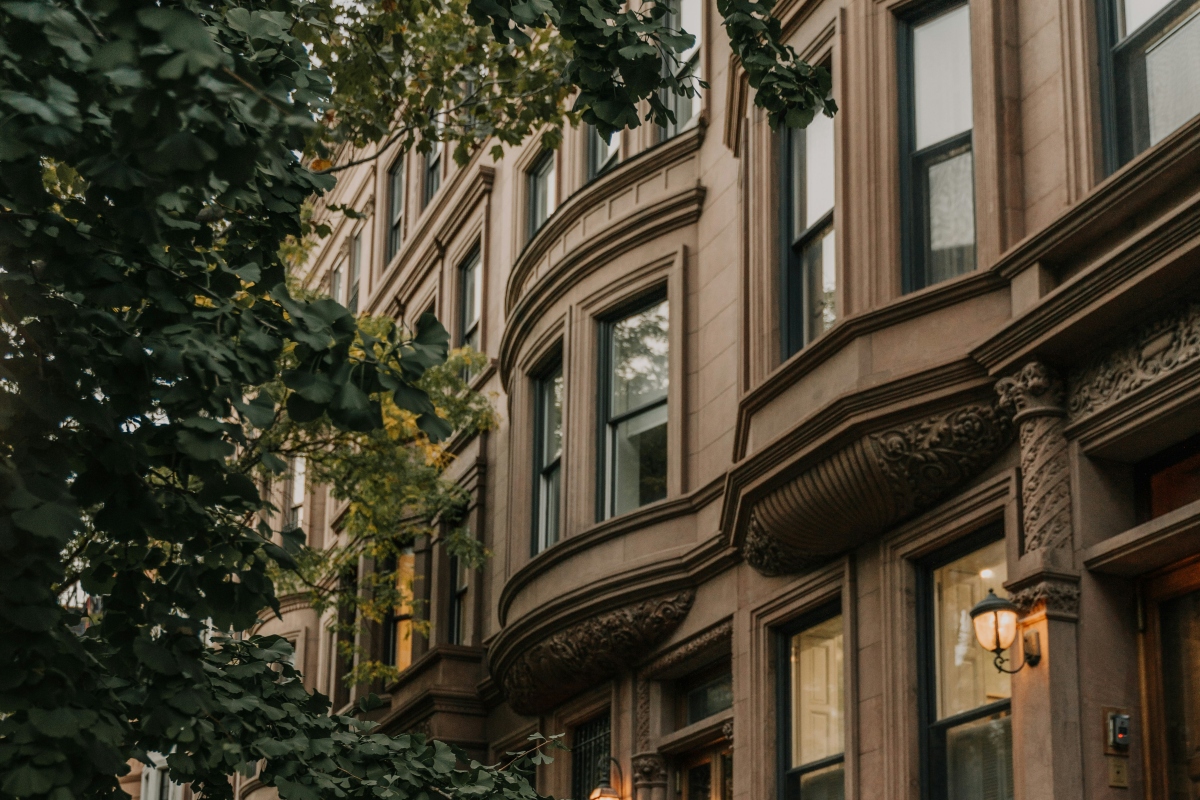 row of brownstone townhomes