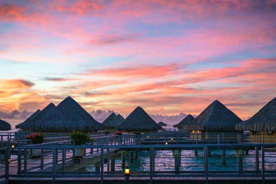 overwater villas at a resort in Bora Bora, French Polynesia