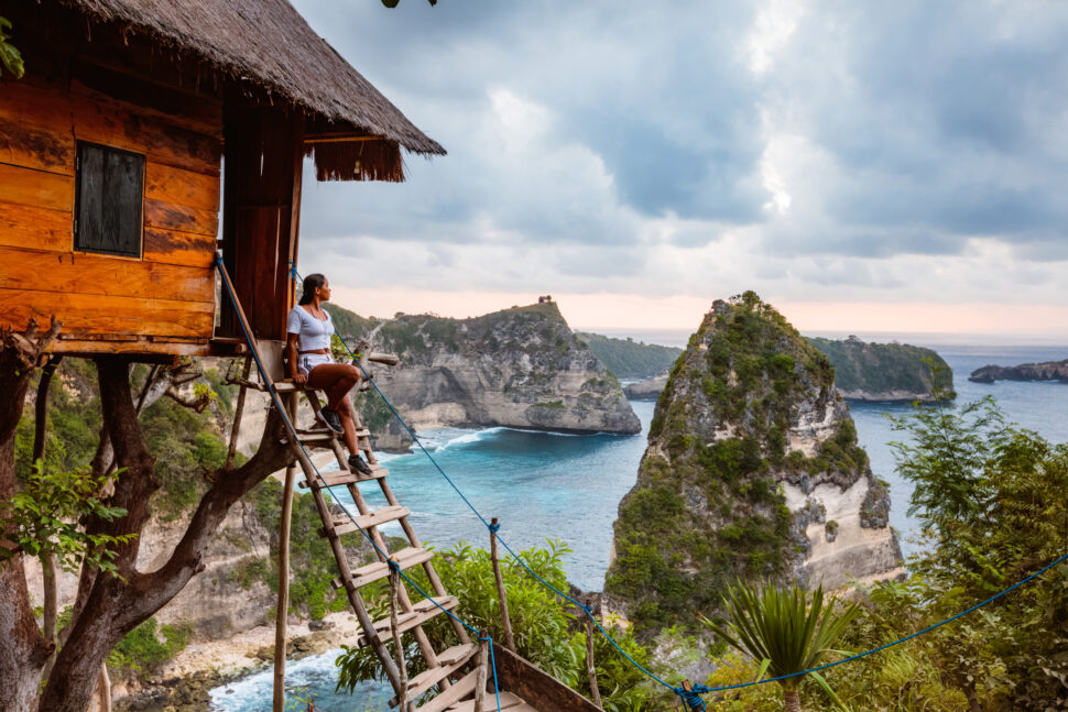 is bali safe? Pictured: Woman at treehouse, Nusa Penida, Bali, Indonesia