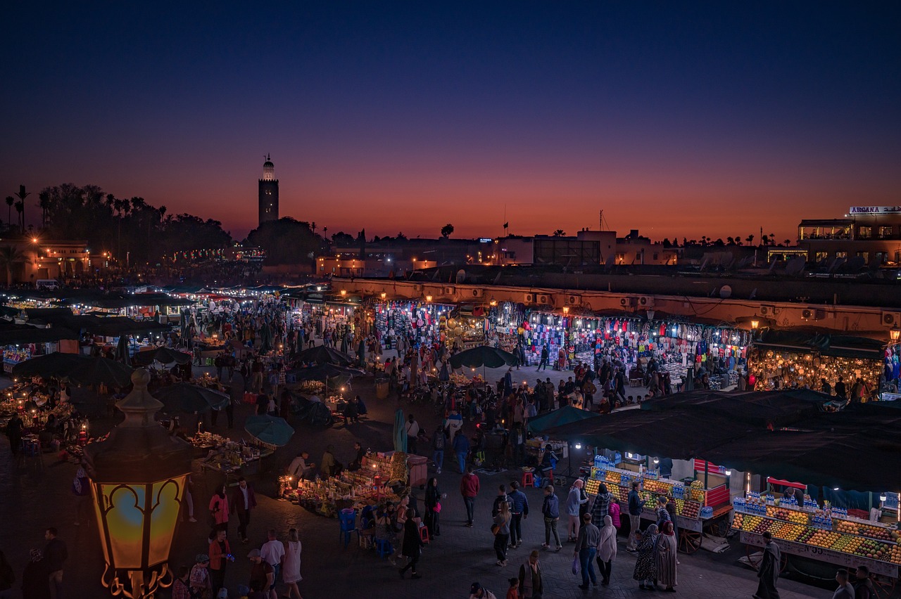 overhead view of Moroccan marketplace in Marrakech during twilight