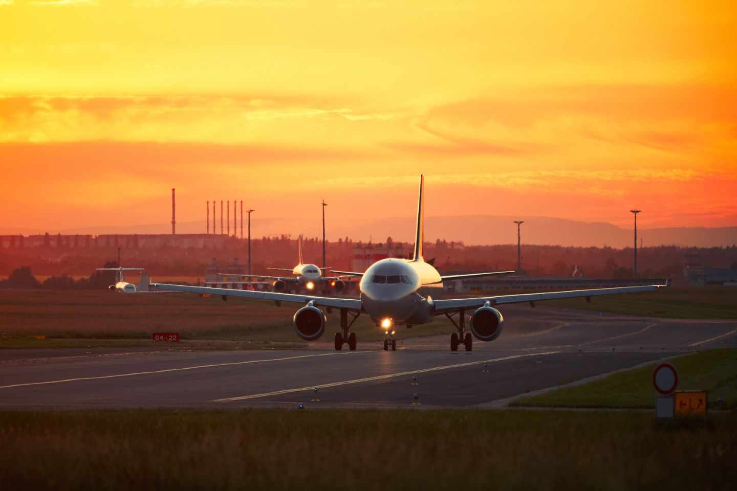 airport traffic at sunset