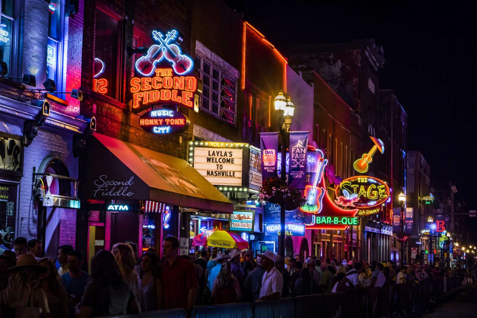 neon lights along major street in Nashville Tennessee