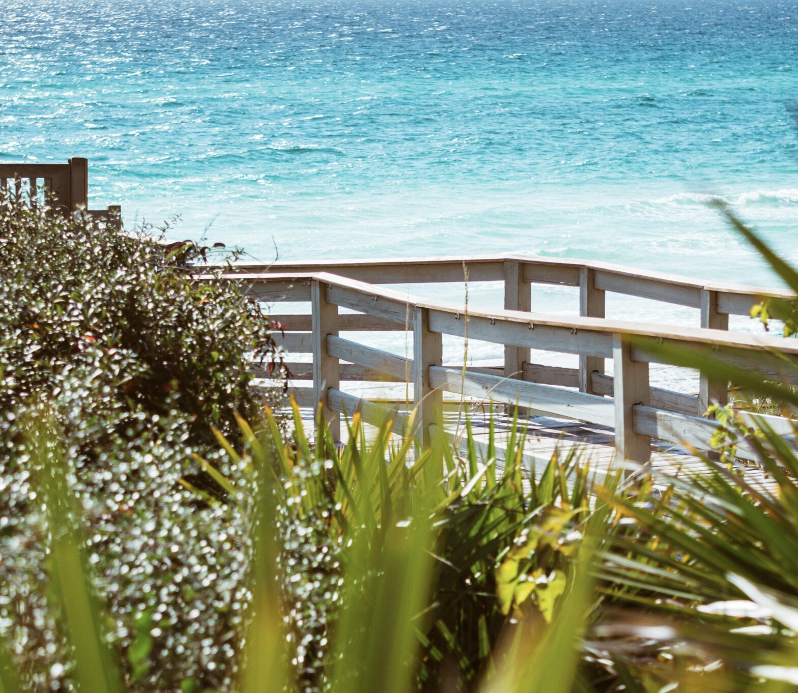 Check out these top beaches in all of the United States. Pictured: lush green shrubbery surrounding a boardwalk with turquoise waters