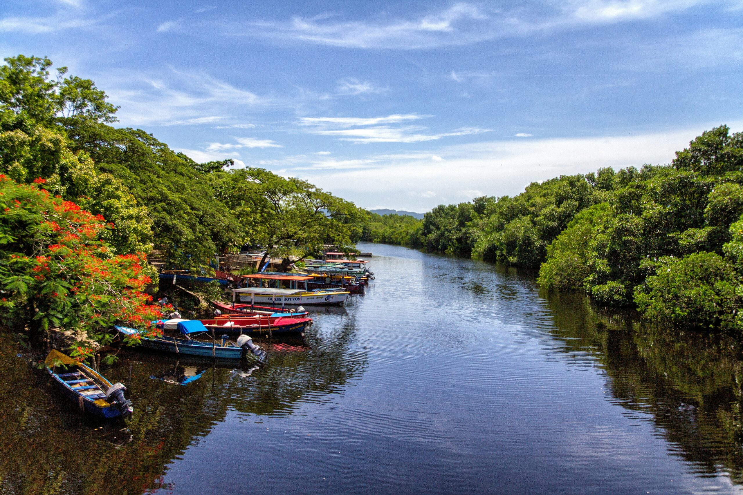 Learn more about how travelers can ensure they have a safe trip to Jamaica. 
Pictured: fishing boats docked near lush green trees in Jamaica 
