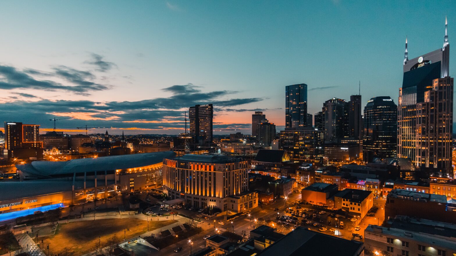 city lights glowing along the Nashville skyline