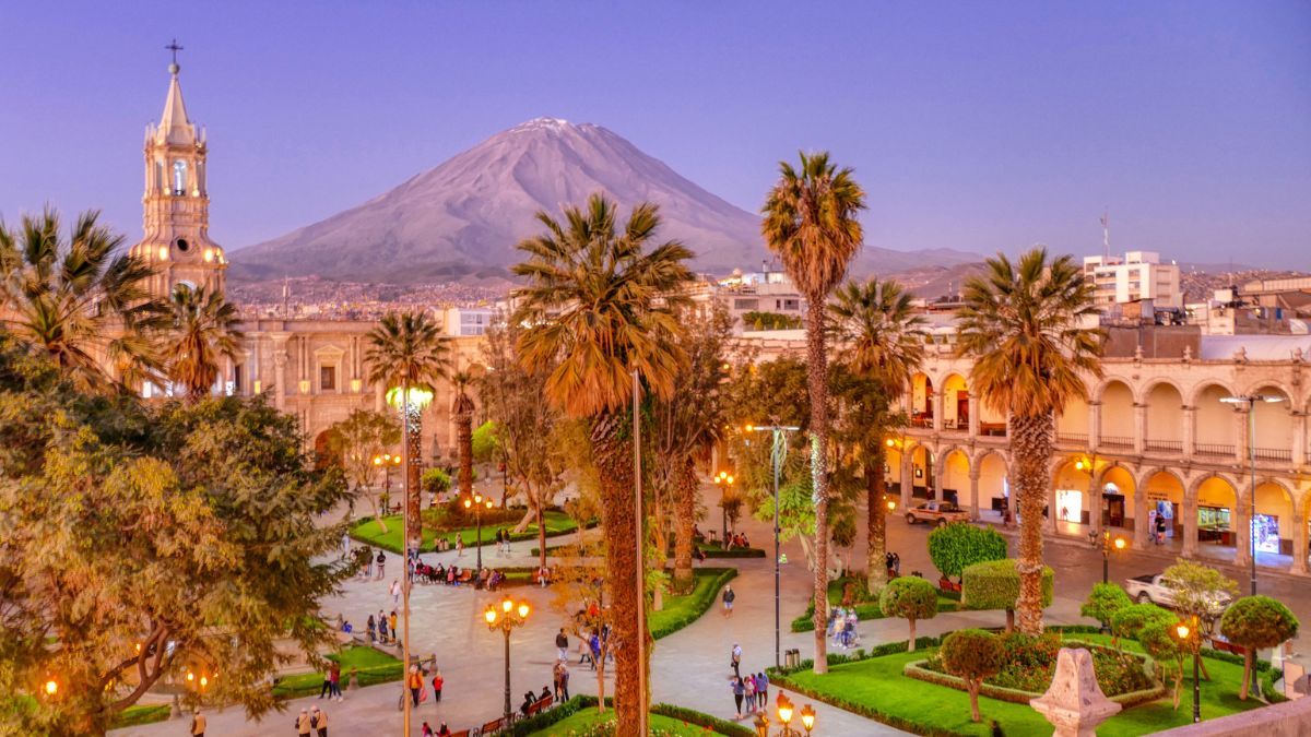 Panoramic view of Plaza de Armas in Arequipa, Peru at dusk