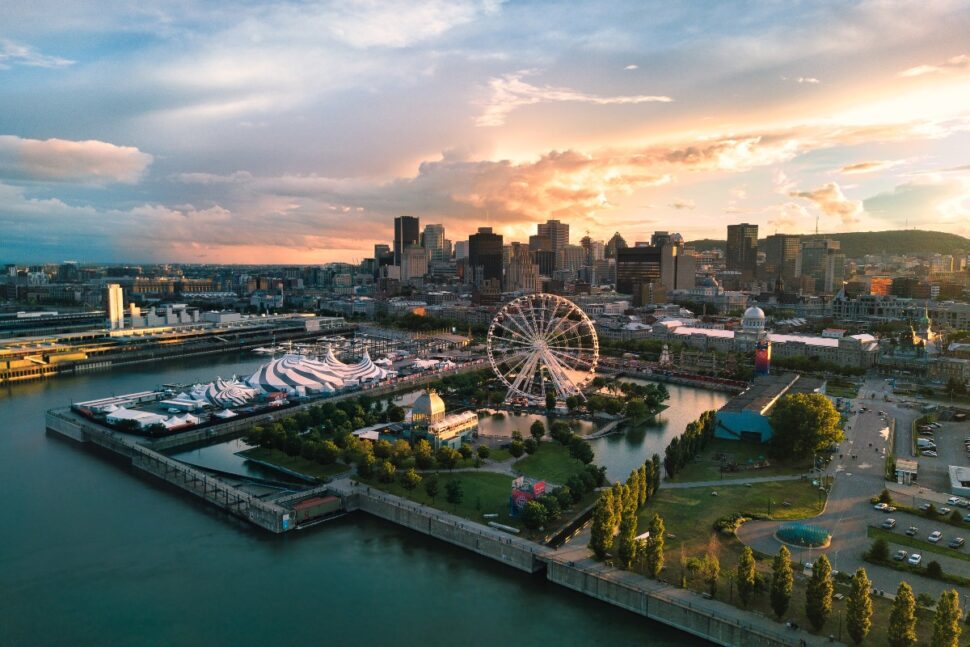 aerial view of Montreal during sunset from the water