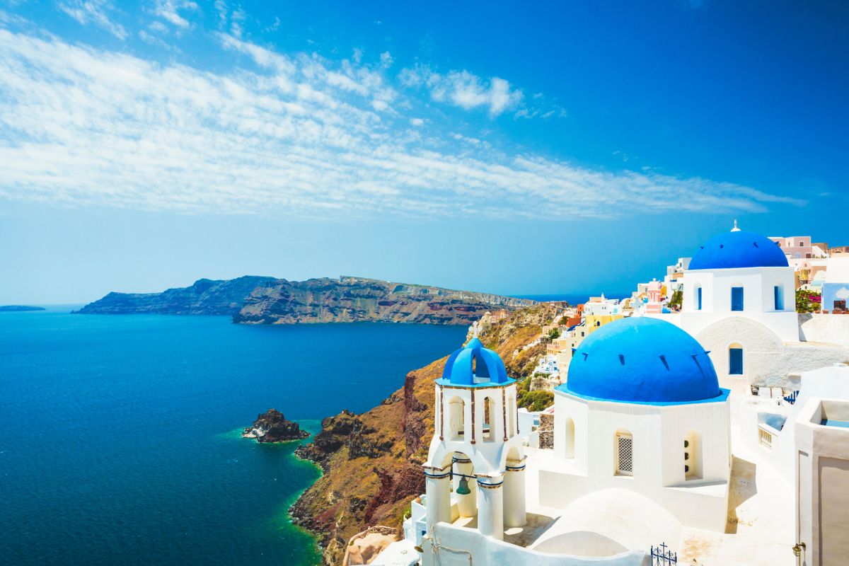 White church in Oia town on Santorini island in Greece