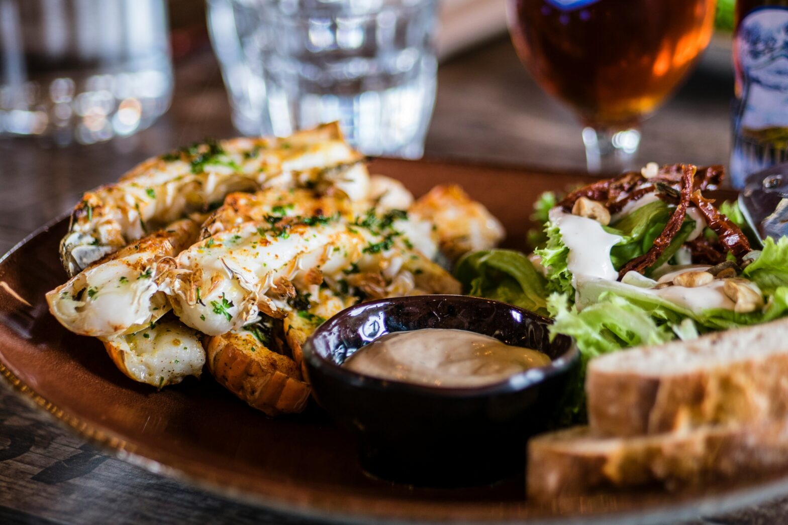 Food on a wooden plate.