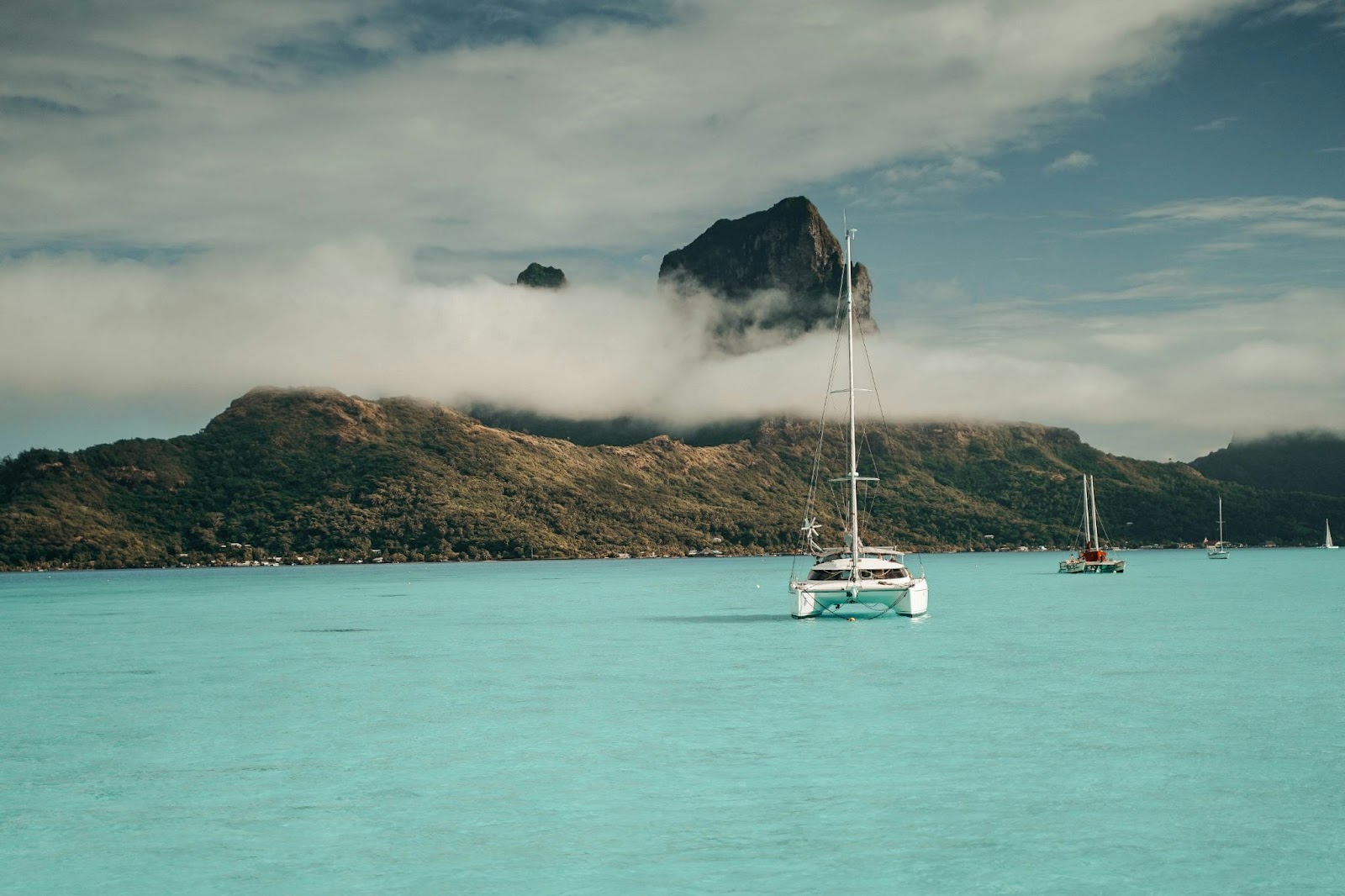 Whale watching is a very popular tourist activity in Bora Bora during July, learn more about it. 
pictured: a catamaran in Bora Bora