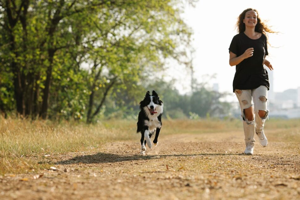 Border Collie and woman running