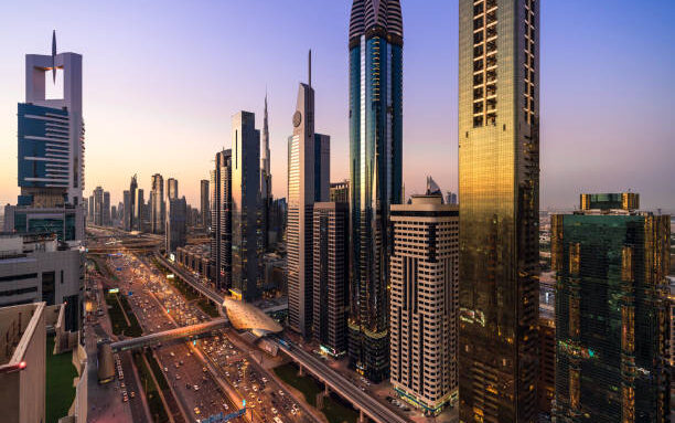 where was dune filmed Pictured: Aerial view of cityscape at sunset in Dubai UAE