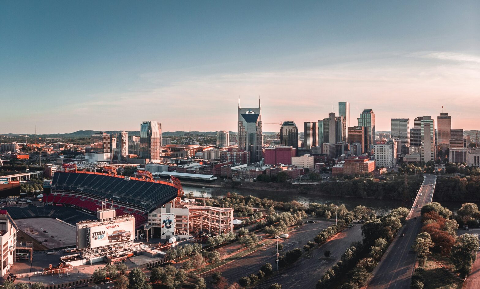 Downtown Nashville skyline at sunset